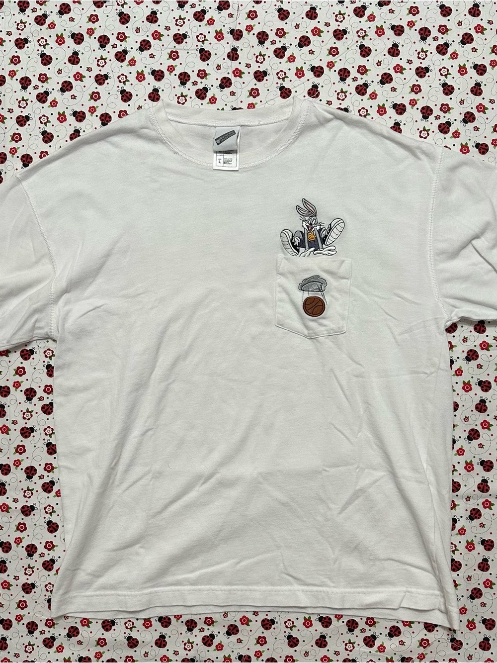 90s Looney Tunes Bugs Bunny Embroidered Pocket T-Shirt White Unisex Large